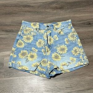 American Eagle 6 Jean Shorts Blue Yellow Curvy Mom Sunflower Floral Rolled Hem